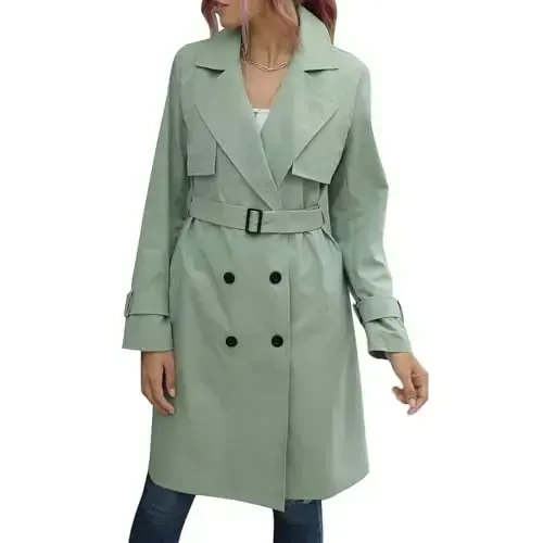 Women's Windproof Trench Coat Notched Lapel Double Breasted Long Overcoat Casual Fall Winter Windbreaker Outerwear - 2