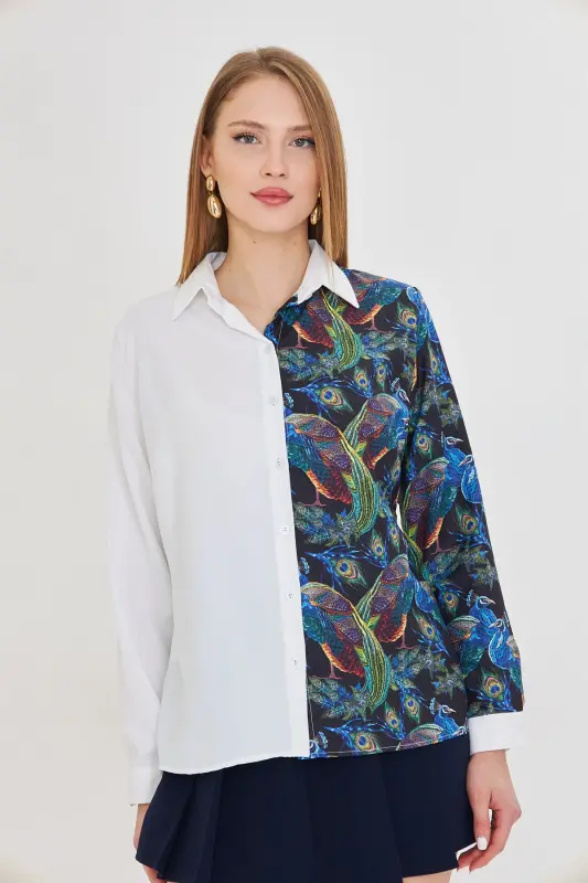 Kadın Saks Asimetrik Desenli Gömlek ARM-25Y001011-Saks - 2