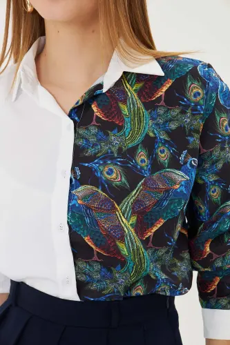 Kadın Saks Asimetrik Desenli Gömlek ARM-25Y001011-Saks - 3