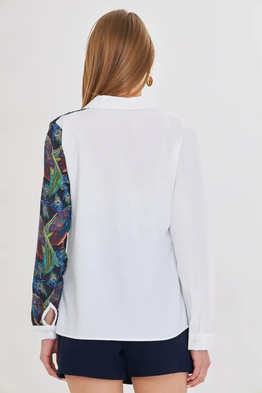 Kadın Saks Asimetrik Desenli Gömlek ARM-25Y001011-Saks - 4