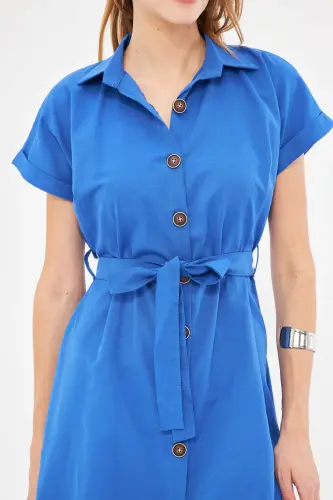 Kadın Saks Beli Kemerli Kısa Kol Gömlek Elbise ARM-19Y001068-Saks - 2