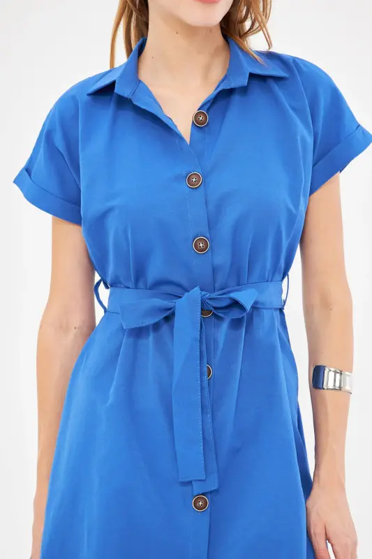 Kadın Saks Beli Kemerli Kısa Kol Gömlek Elbise ARM-19Y001068-Saks - 2