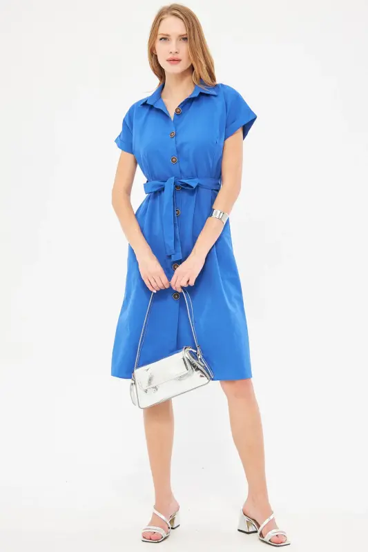 Kadın Saks Beli Kemerli Kısa Kol Gömlek Elbise ARM-19Y001068-Saks - 3