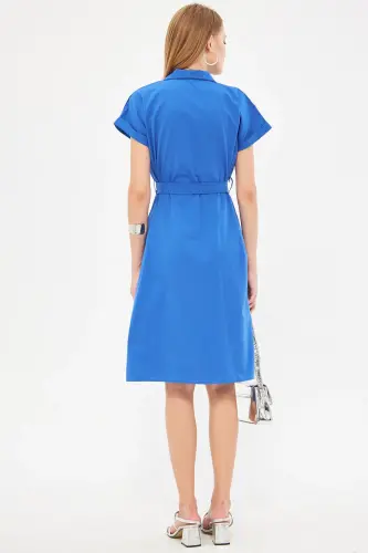 Kadın Saks Beli Kemerli Kısa Kol Gömlek Elbise ARM-19Y001068-Saks - 4