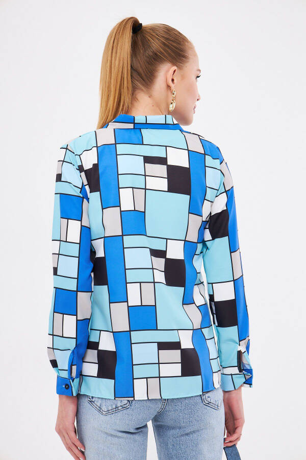 Kadın Saks Desenli Uzun Kol Gömlek ARM-25K001040-Saks - 5