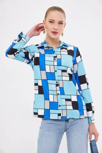 Kadın Saks Desenli Uzun Kol Gömlek ARM-25K001040 - Saks - 5