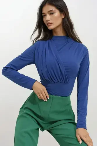 Kadın Saks Dik Yaka Drapeli Çıtçıtlı Sandy Bodysuit ALC-X10868-Saks - 3