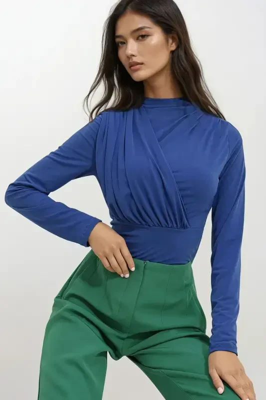 Kadın Saks Dik Yaka Drapeli Çıtçıtlı Sandy Bodysuit ALC-X10868-Saks - 3