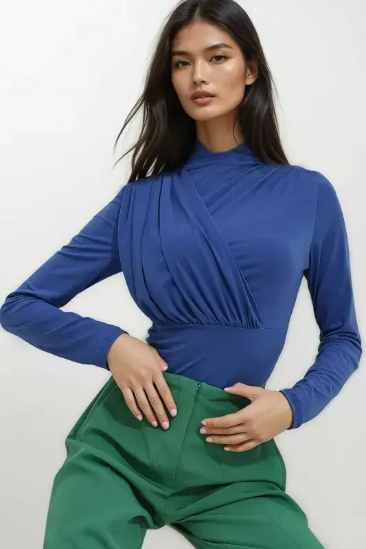 Kadın Saks Dik Yaka Drapeli Çıtçıtlı Sandy Bodysuit ALC-X10868-Saks - 4