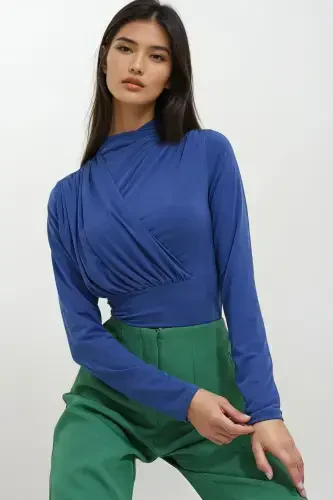 Kadın Saks Dik Yaka Drapeli Çıtçıtlı Sandy Bodysuit ALC-X10868-Saks - 5