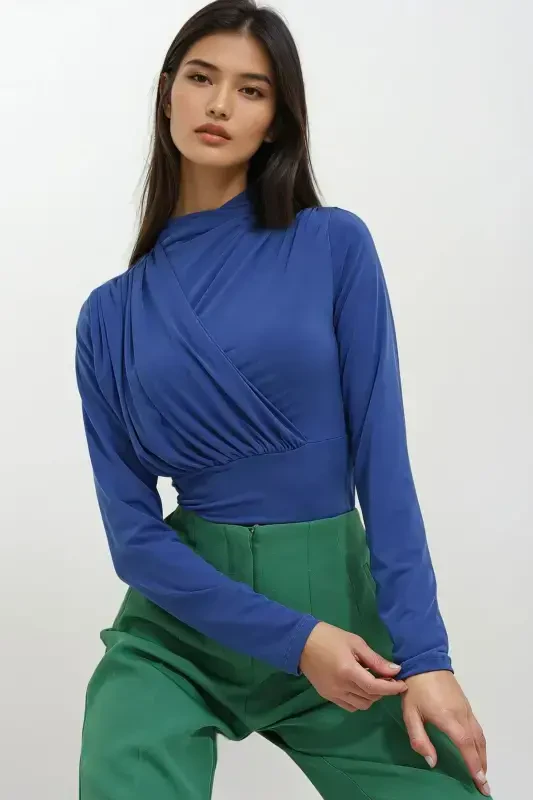 Kadın Saks Dik Yaka Drapeli Çıtçıtlı Sandy Bodysuit ALC-X10868-Saks - 5