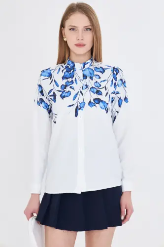 Kadın Saks Hakim Yaka Desenli Gömlek ARM-25Y001013-Saks - 2