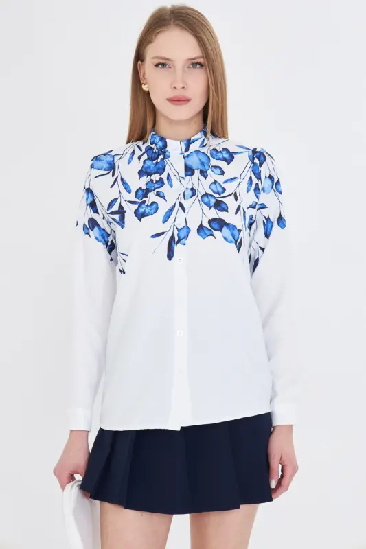 Kadın Saks Hakim Yaka Desenli Gömlek ARM-25Y001013-Saks - 2