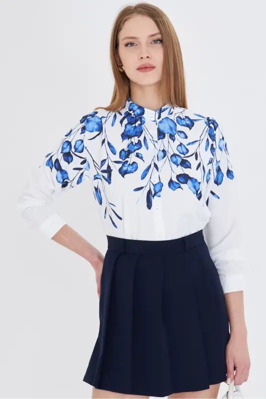 Kadın Saks Hakim Yaka Desenli Gömlek ARM-25Y001013-Saks - 4