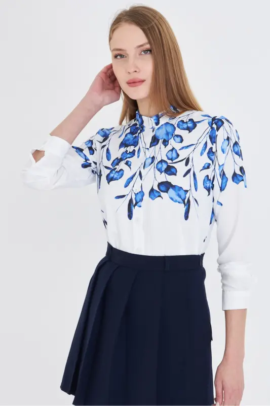 Kadın Saks Hakim Yaka Desenli Gömlek ARM-25Y001013-Saks - 5