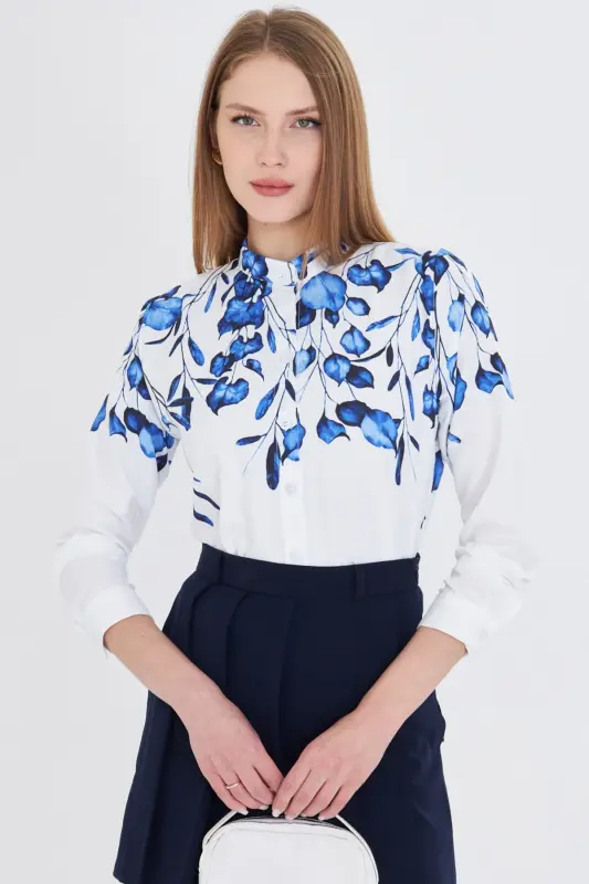 Kadın Saks Hakim Yaka Desenli Gömlek ARM-25Y001013-Saks - ARMONIKA