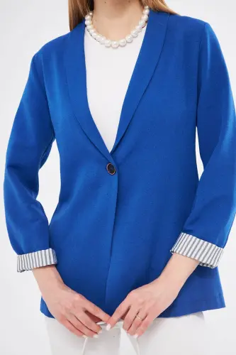 Kadın Saks Kol İçi Çizgili Tek Düğmeli Ceket ARM-22K001122-Saks - 3