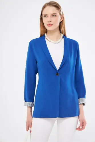 Kadın Saks Kol İçi Çizgili Tek Düğmeli Ceket ARM-22K001122-Saks - 4