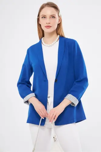 Kadın Saks Kol İçi Çizgili Tek Düğmeli Ceket ARM-22K001122-Saks - 5