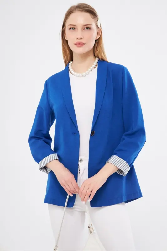 Kadın Saks Kol İçi Çizgili Tek Düğmeli Ceket ARM-22K001122-Saks - 5