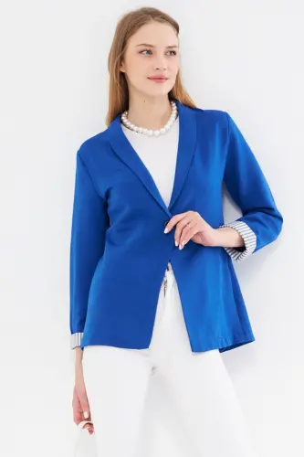 Kadın Saks Kol İçi Çizgili Tek Düğmeli Ceket ARM-22K001122-Saks - ARMONIKA (1)