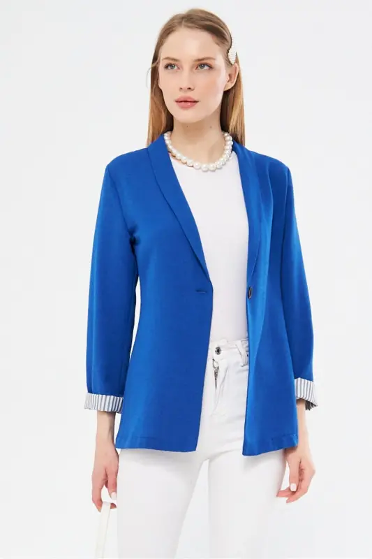 Kadın Saks Kol İçi Çizgili Tek Düğmeli Ceket ARM-22K001122-Saks - ARMONIKA