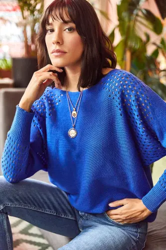 Kadın Saks Mavi Ajurlu Yarasa Oversize Triko Kazak-Saks Mavi - 3