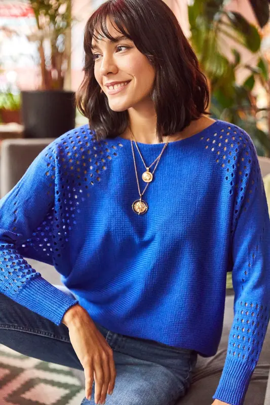 Kadın Saks Mavi Ajurlu Yarasa Oversize Triko Kazak-Saks Mavi - 2