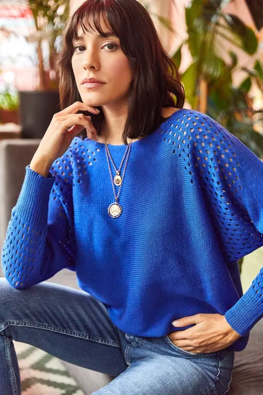 Kadın Saks Mavi Ajurlu Yarasa Oversize Triko Kazak-Saks Mavi - 3