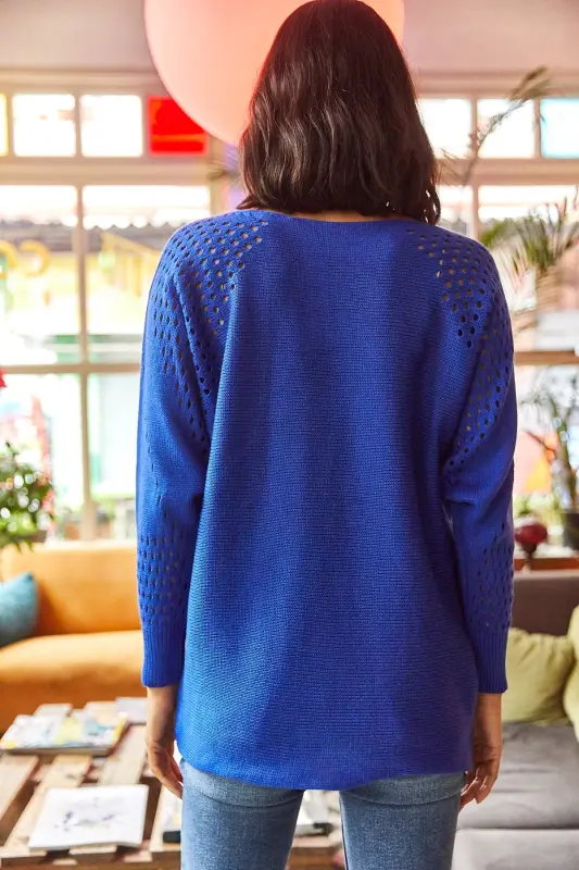 Kadın Saks Mavi Ajurlu Yarasa Oversize Triko Kazak-Saks Mavi - 4