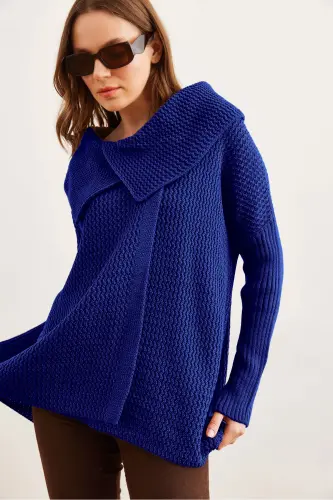 Kadın Saks Mavi Anvelop Yaka Düğmeli Triko Hırka HRK-19000326-Saks Mavi - 3