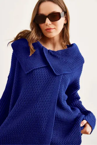 Kadın Saks Mavi Anvelop Yaka Düğmeli Triko Hırka HRK-19000326-Saks Mavi - OLALOOK (1)