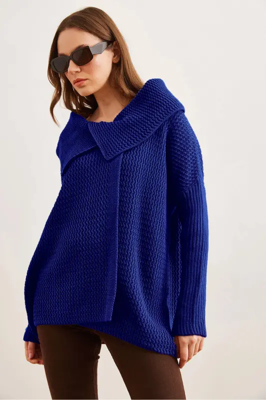 Kadın Saks Mavi Anvelop Yaka Düğmeli Triko Hırka HRK-19000326-Saks Mavi - 1