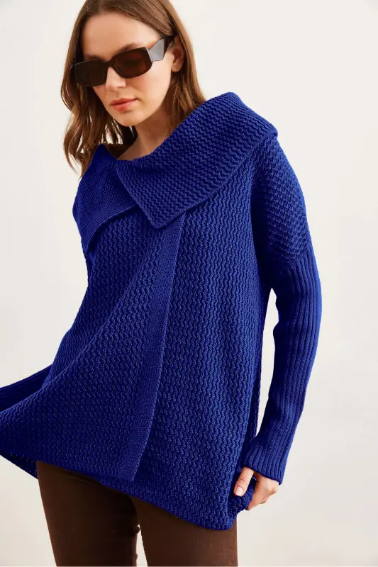 Kadın Saks Mavi Anvelop Yaka Düğmeli Triko Hırka HRK-19000326-Saks Mavi - 3