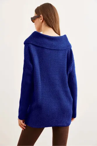 Kadın Saks Mavi Anvelop Yaka Düğmeli Triko Hırka HRK-19000326-Saks Mavi - 4