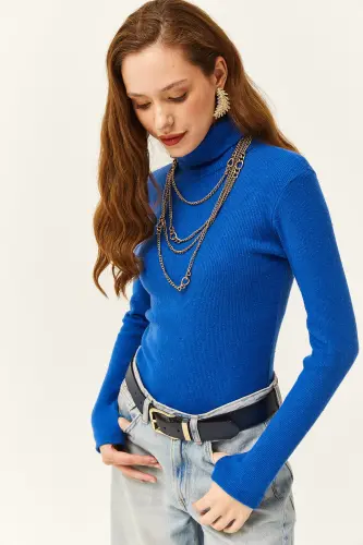 Kadın Saks Mavi Balıkçı Yaka Parmak Detaylı Likralı Bluz BLZ-19001644 - Saks Mavi - 3