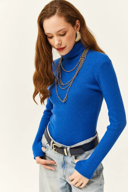 Kadın Saks Mavi Balıkçı Yaka Parmak Detaylı Likralı Bluz BLZ-19001644 - Saks Mavi - 3