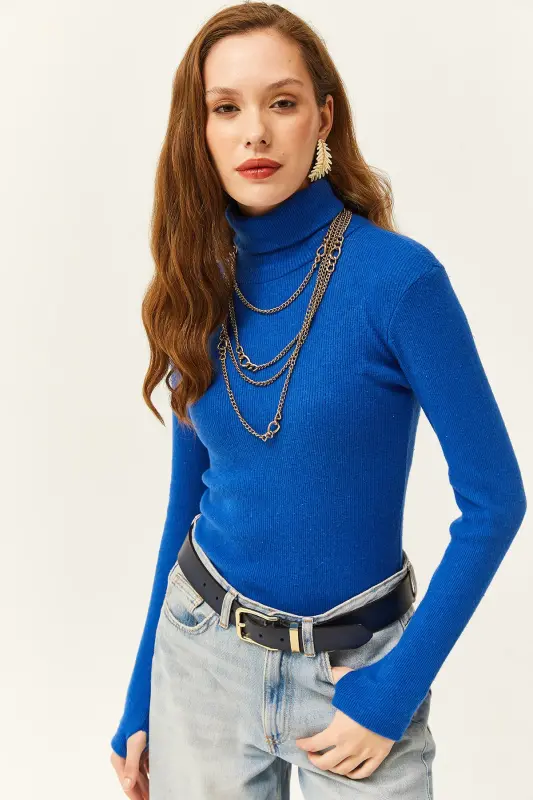 Kadın Saks Mavi Balıkçı Yaka Parmak Detaylı Likralı Bluz BLZ-19001644 - Saks Mavi - 4