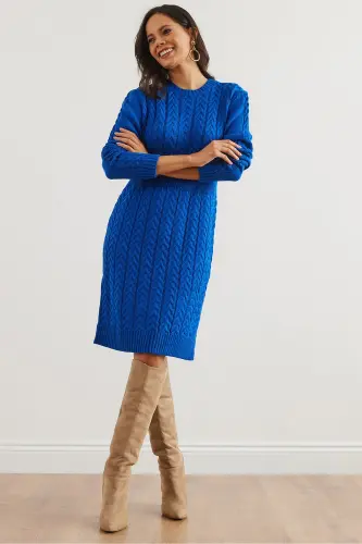 Kadın Saks Mavi Beli Bantlı Yırtmaçlı Saç Örgü Mini Elbise ELB-19002289-Saks Mavi - 2