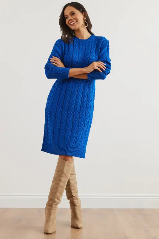 Kadın Saks Mavi Beli Bantlı Yırtmaçlı Saç Örgü Mini Elbise ELB-19002289-Saks Mavi - 2