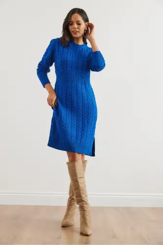 Kadın Saks Mavi Beli Bantlı Yırtmaçlı Saç Örgü Mini Elbise ELB-19002289-Saks Mavi - 3