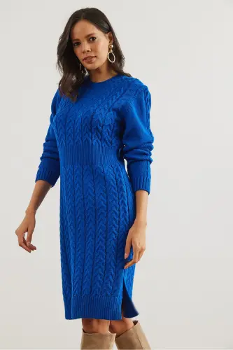 Kadın Saks Mavi Beli Bantlı Yırtmaçlı Saç Örgü Mini Elbise ELB-19002289-Saks Mavi - 4