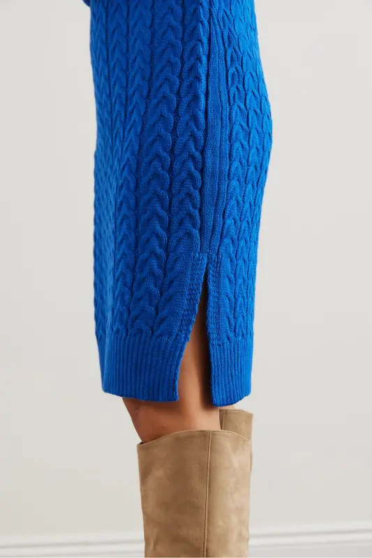 Kadın Saks Mavi Beli Bantlı Yırtmaçlı Saç Örgü Mini Elbise ELB-19002289-Saks Mavi - 5