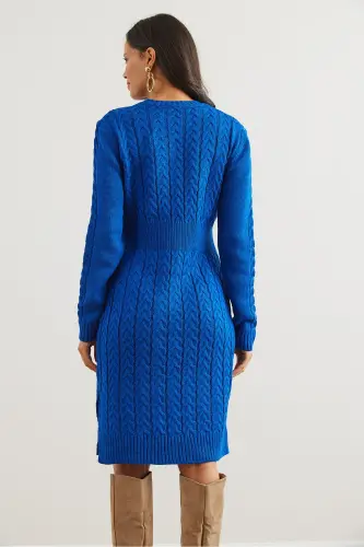 Kadın Saks Mavi Beli Bantlı Yırtmaçlı Saç Örgü Mini Elbise ELB-19002289-Saks Mavi - 6