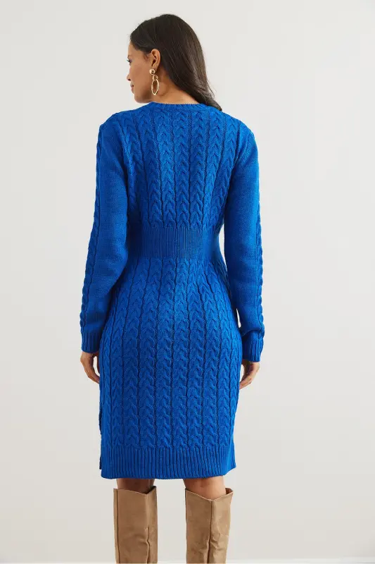 Kadın Saks Mavi Beli Bantlı Yırtmaçlı Saç Örgü Mini Elbise ELB-19002289-Saks Mavi - 6