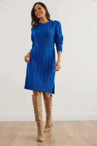 Kadın Saks Mavi Beli Bantlı Yırtmaçlı Saç Örgü Mini Elbise ELB-19002289-Saks Mavi 