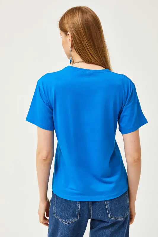 Kadın Saks Mavi Bisiklet Yaka Basic Tişört TSH-19000774 - Saks Mavi - 2