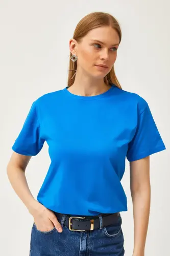 Kadın Saks Mavi Bisiklet Yaka Basic Tişört TSH-19000774 - Saks Mavi - 3
