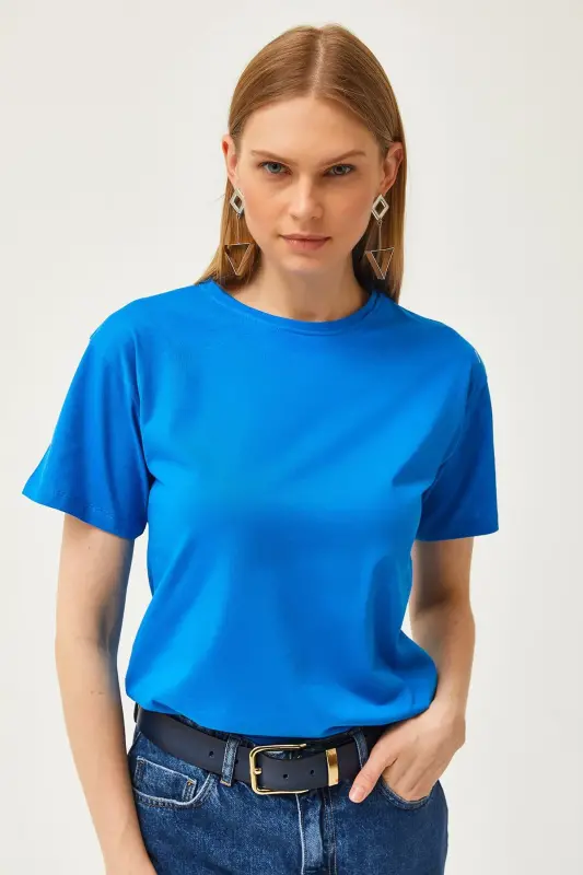 Kadın Saks Mavi Bisiklet Yaka Basic Tişört TSH-19000774 - Saks Mavi - 4