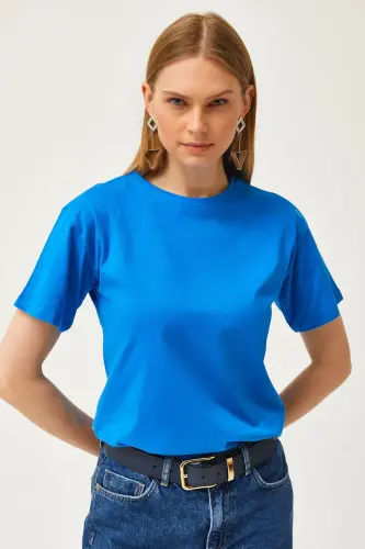 Kadın Saks Mavi Bisiklet Yaka Basic Tişört TSH-19000774 - Saks Mavi - 5